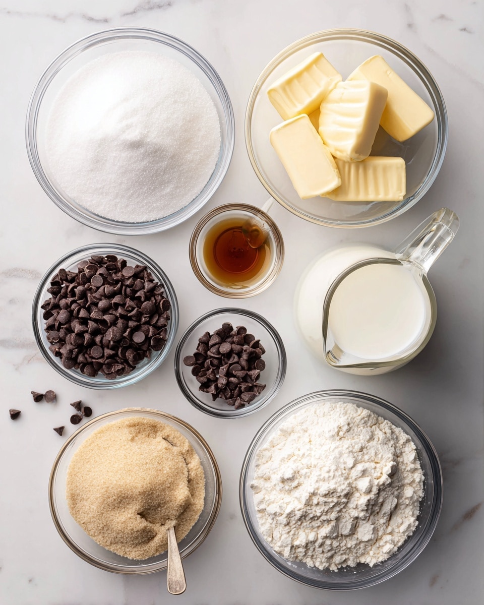The image shows seven clear glass bowls arranged on a white marbled surface, each containing different ingredients for baking. Starting from the top left, there is a bowl filled with white sugar, to its right is a bowl with large slices of pale yellow butter. Below the sugar, a bowl is filled with small dark brown chocolate chips, and near the center, a small bowl with light brown vanilla extract. To the right of vanilla, a clear glass pitcher holds white milk. Below the pitcher, there is a bowl of light brown sugar with a small spoon sticking out, and at the bottom center, a bowl filled with white flour. A few chocolate chips are scattered on the surface near the chocolate chip bowl. photo taken with an iphone --ar 4:5 --v 7