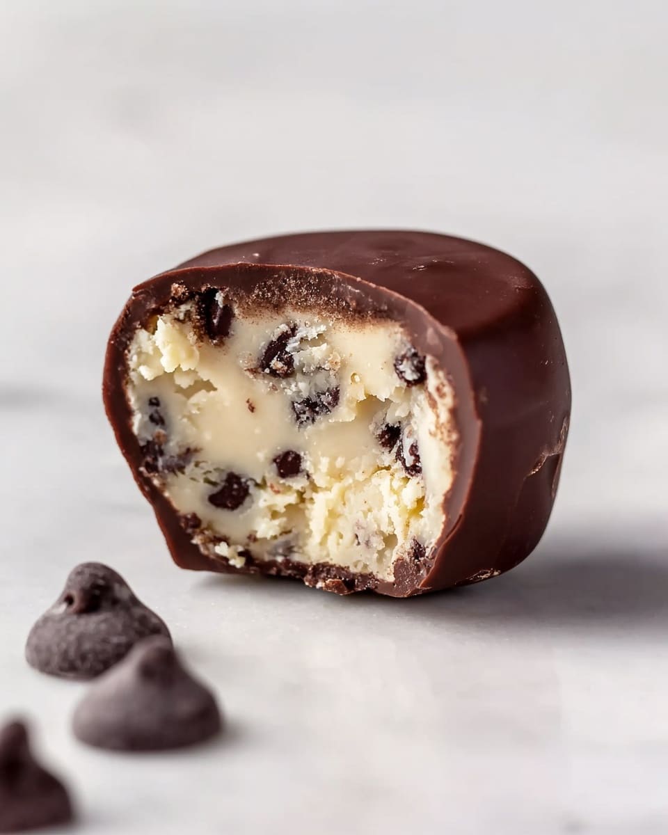 A close-up of a small round sweet treat with two clear layers. The outer layer is a smooth, dark brown chocolate shell that covers the entire sweet except for one side where it is bitten off. Inside, there is a creamy light beige filling mixed with dark chocolate chips scattered unevenly throughout, giving a mix of soft and slightly rough texture. It rests on a white marbled surface with two out-of-focus dark chocolate chips in the foreground. photo taken with an iphone --ar 4:5 --v 7
