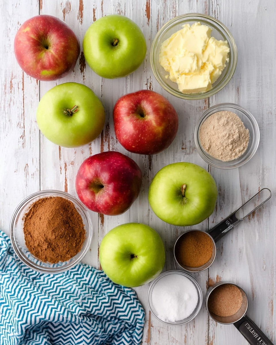The image shows a top view of eight apples, four red and four green, arranged on a white wooden surface with a slightly worn look. To the right of the apples, there are five small glass bowls and one metal measuring cup containing different baking ingredients: one bowl has a light yellow butter, another holds a pile of brown cinnamon powder, one contains white powdered sugar, a metal measuring cup with light brown sugar, and two empty glass bowls. A blue and white cloth with a zigzag pattern is placed in the bottom left corner. The colors are natural and warm, highlighting the fresh apples and baking ingredients photo taken with an iphone --ar 4:5 --v 7