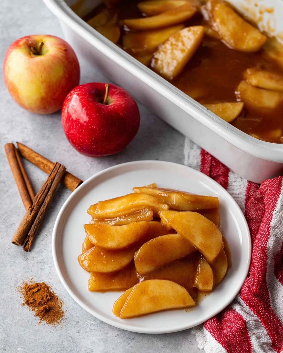 A white plate holds a pile of soft, cooked apple slices covered in a shiny, brown cinnamon sauce, with the apple slices layered closely together showing varied golden and light brown tones. Above the plate, a white baking dish partly filled with more apple slices in brown sauce is visible. The scene includes whole red and yellow apples, cinnamon sticks, a small pile of ground cinnamon, and a red-striped cloth, all set on a light gray surface that appears smooth and plain. photo taken with an iphone --ar 4:5 --v 7