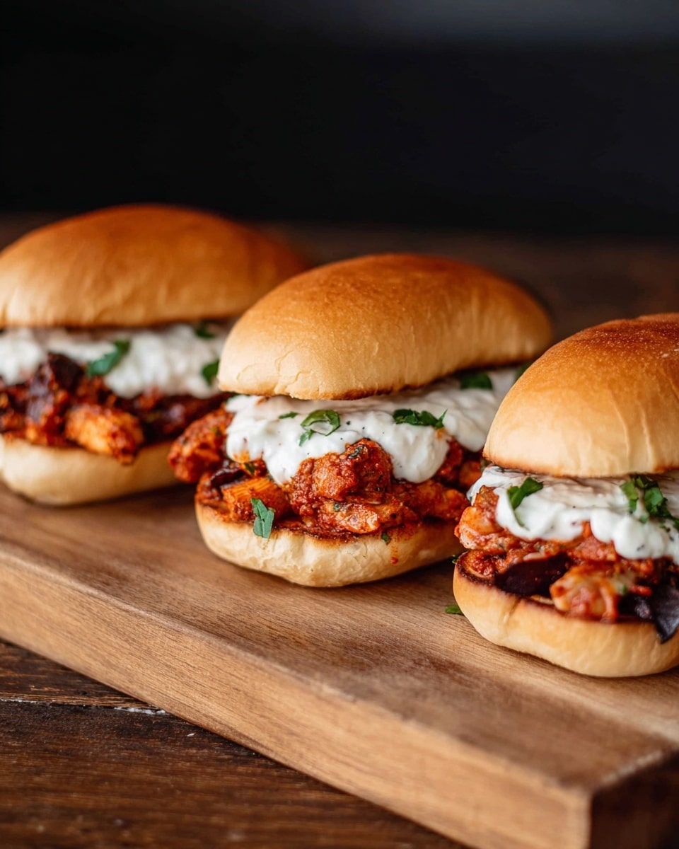 Three sandwiches are placed side by side on a wooden board. Each sandwich has a soft, golden-brown bun that is slightly toasted. Inside, there is a layer of chunky, reddish-brown filling with pieces that look cooked and seasoned. On top of this filling, a thick white sauce is spread evenly. Small green herb pieces are sprinkled over the sauce, adding contrast to the colors. The scene is set against a dark background, drawing attention to the warm tones of the sandwiches. photo taken with an iphone --ar 4:5 --v 7