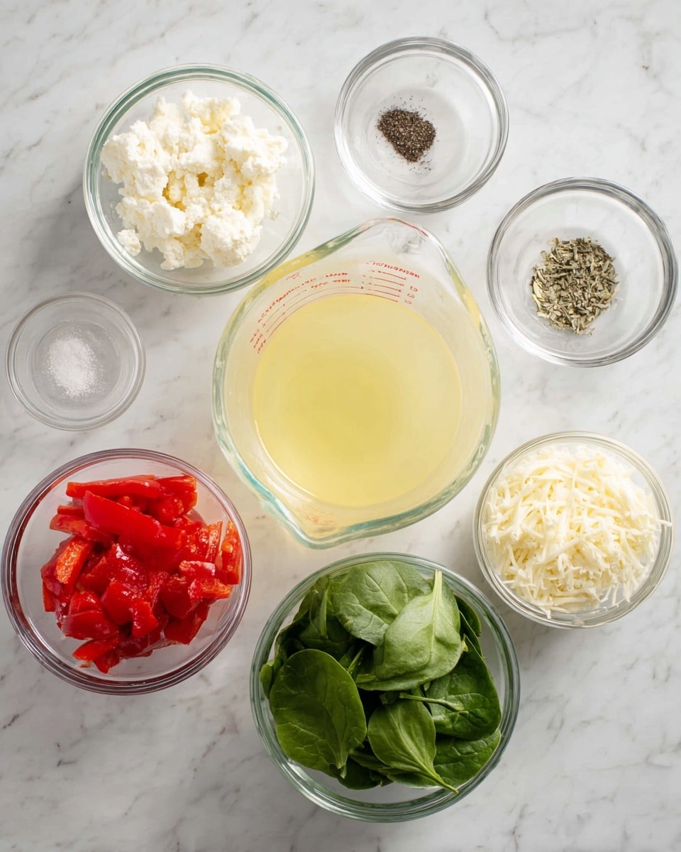 The image shows seven glass bowls of different sizes arranged on a white marbled surface. At the center, there is a large glass measuring cup filled with a pale yellow liquid. Surrounding it are six smaller glass bowls: one with white crumbled cheese, one with bright red roasted peppers, a small bowl with black pepper and salt, another with fresh green spinach leaves, one with white shredded cheese, and a small bowl of white cottage cheese. All the bowls have clear transparent sides, displaying the colorful contents clearly. The overall scene is bright and clean. photo taken with an iphone --ar 4:5 --v 7