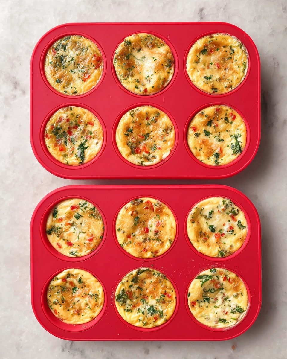 Two red silicone muffin trays with six egg muffins each are placed on a white marbled surface. Each egg muffin has a round, flat shape, a golden-brown top layer with visible small bits of green spinach and red bell pepper mixed in. The muffins have a slightly bubbly texture on top, showing a cooked egg base. The egg muffins fit snugly within each round section of the trays, creating a neat and even layout. Photo taken with an iphone --ar 4:5 --v 7