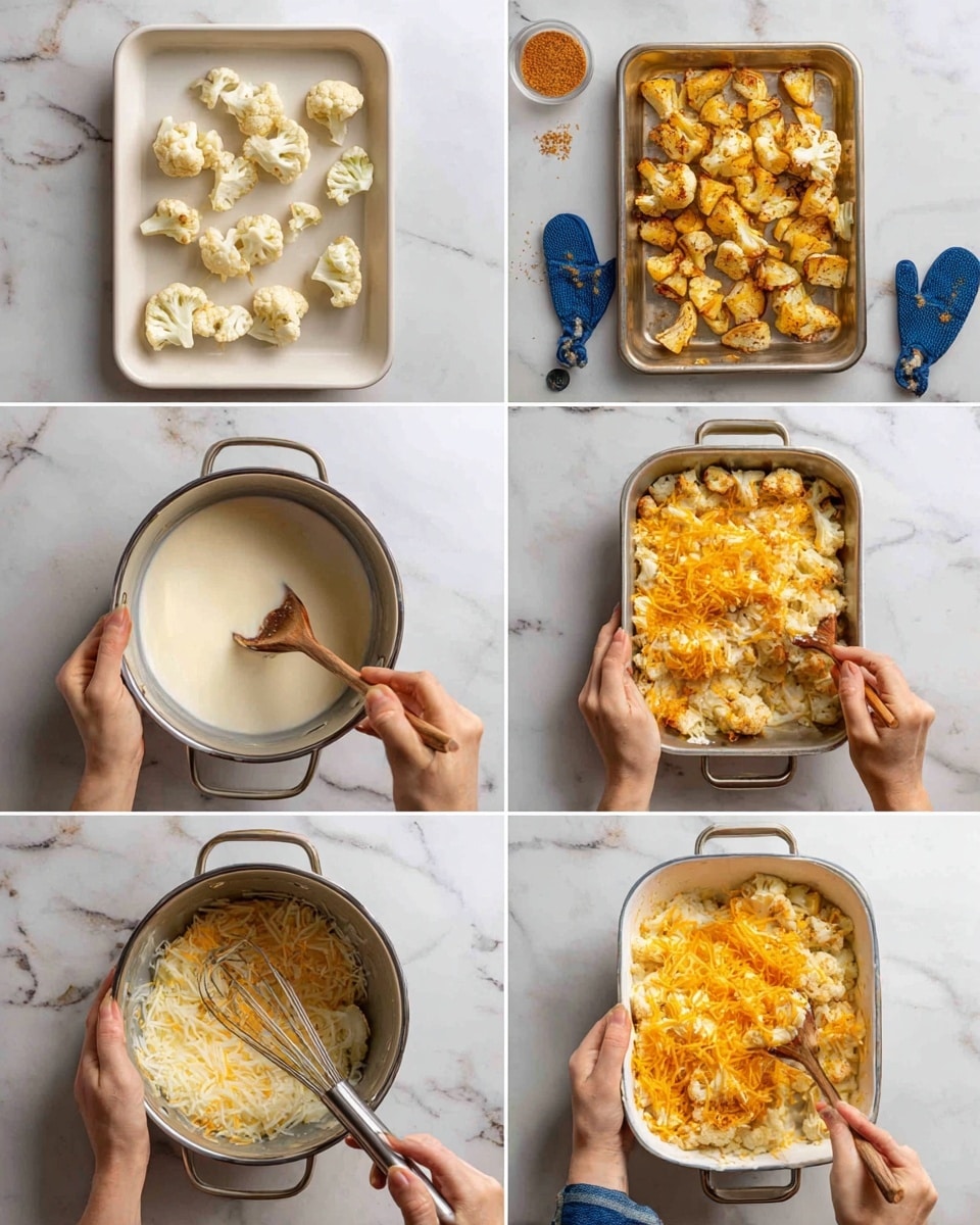The image shows a step-by-step process of making a cheesy cauliflower dish in eight frames arranged in two rows of four. In the first frame, a white tray holds separated raw cauliflower pieces on a white marbled surface, woman's hands holding the tray. The second frame shows the tray with roasted cauliflower in a golden color, with a pair of blue oven mitts holding it on the same surface. The third frame shows a shiny silver pot with white hot milk being stirred by a wooden spoon. In the fourth frame, a woman's hand is pouring a creamy white mixture from a small pan into the pot while holding a whisk inside the pot. The fifth frame shows a creamy mixture in the pot with orange shredded cheese being mixed by a wooden spoon. The sixth frame has a woman's hand stirring the pot filled with cooked cauliflower and cheese sauce. The seventh frame displays a white rectangular dish filled with cauliflower covered in shredded orange and white cheese, held by woman's hands. The last frame shows the baked cauliflower dish with a golden brown cheese crust, held with blue oven mitts on the white marbled surface. Photo taken with an iphone --ar 4:5 --v 7