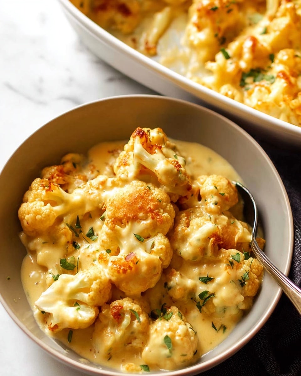 The image shows a close-up of a bowl filled with cauliflower covered in a thick, creamy cheese sauce. The cauliflower florets have a light golden brown color from baking or roasting and are mixed unevenly in the sauce that is smooth and pale yellow. Small bits of fresh green herbs are sprinkled on top, adding contrast. The bowl is white with a simple texture, and there is a silver spoon partly visible inside the bowl on the right side. In the background, a white casserole dish filled with more of the same cauliflower and cheese sauce is partly seen on a white marbled surface. Photo taken with an iphone --ar 4:5 --v 7