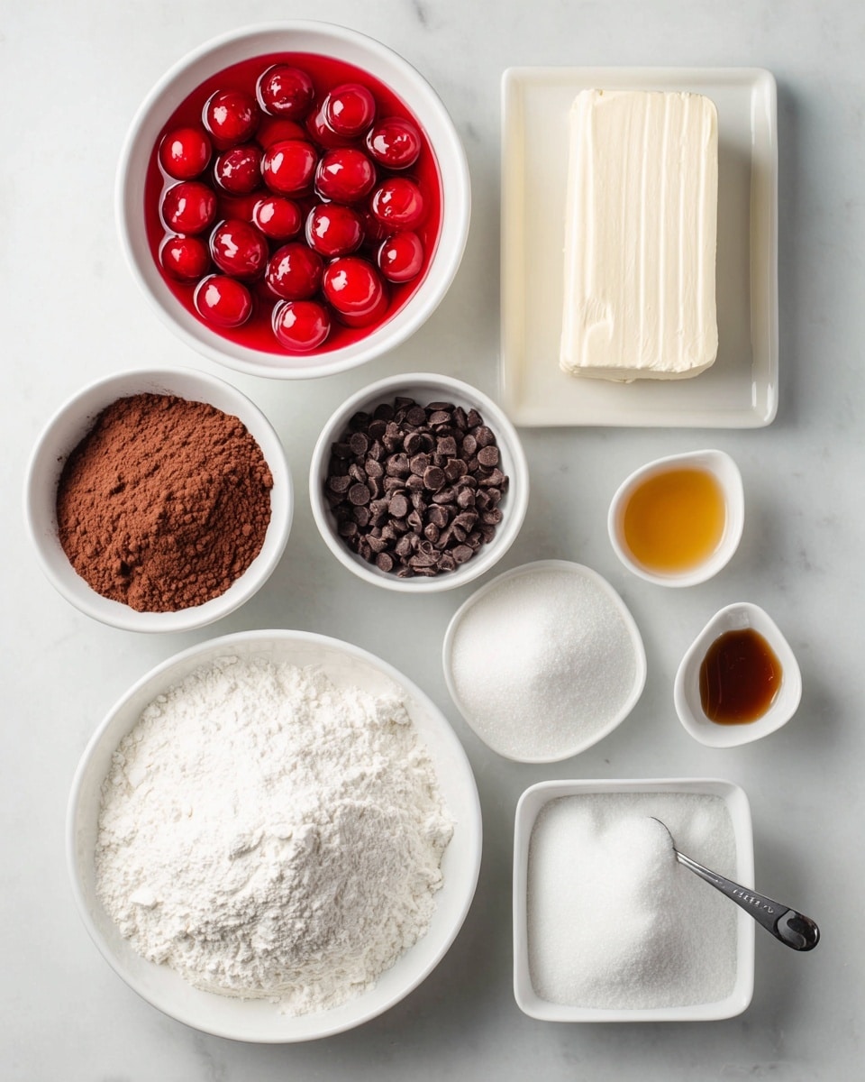 Nine white bowls and dishes are arranged on a white marbled surface holding various baking ingredients. At the top right, a rectangular white plate holds a solid block of cream cheese with a smooth texture. Next to it on the left is a larger round white bowl filled with bright, shiny red cherries in syrup. Above and to the left is a small round white bowl full of brown cocoa powder with a slightly rough texture. Below that is another round white bowl filled with small, dark chocolate chips. In the lower left corner is a larger round white bowl heaping with white flour that looks fine and powdery. Toward the bottom center, a small square white dish holds a mound of white baking powder. Adjacent is a round white bowl filled with white granulated sugar that looks smooth and even. To the upper right of these, there is a small square white dish containing a golden amber liquid, likely vanilla extract. A metal measuring spoon filled with a white powder is placed near the sugar bowl. The image is lit softly from above, and everything is viewed from above, showing clear details and textures of each ingredient. Photo taken with an iphone --ar 4:5 --v 7