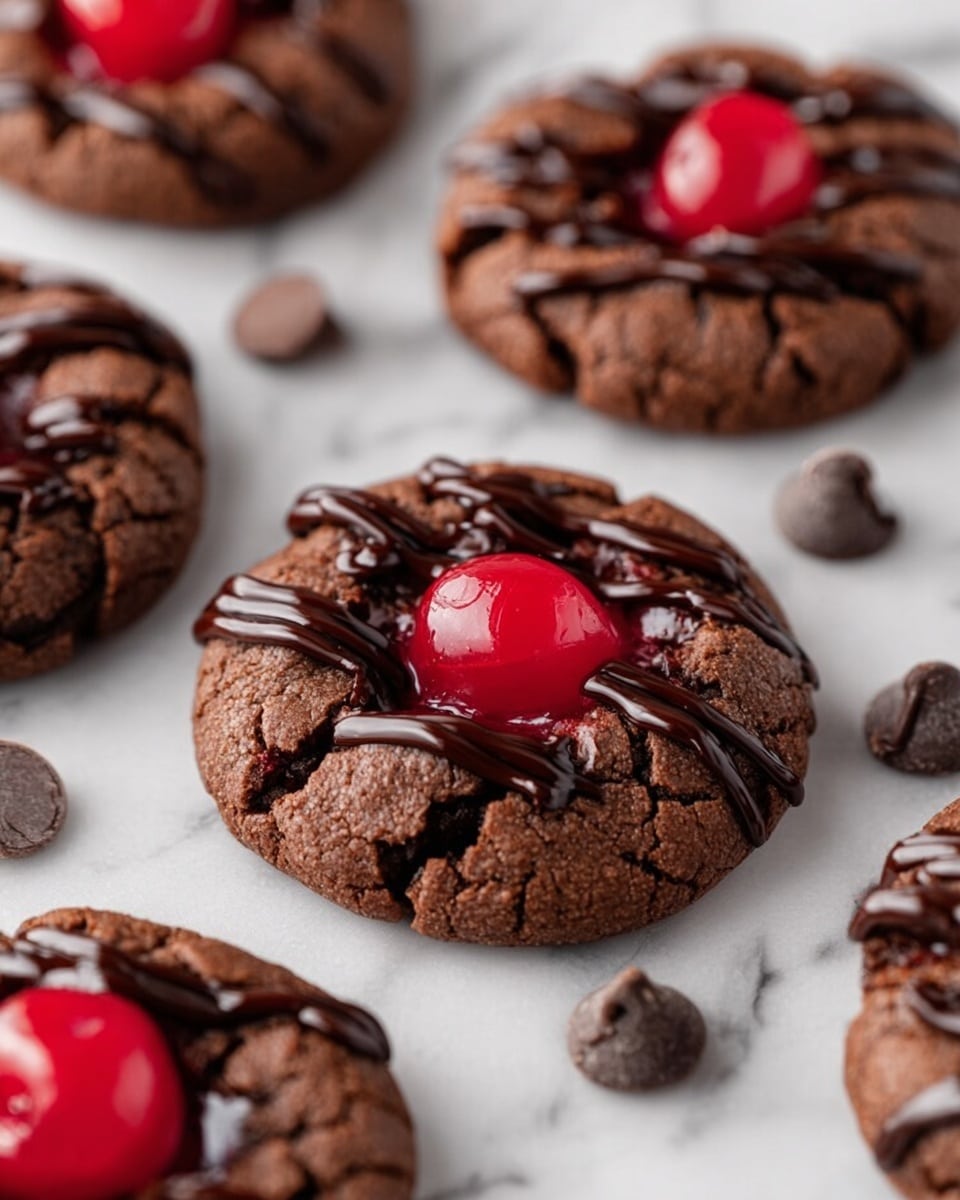 The image shows several chocolate cookies on a white marbled surface, each cookie is round and cracked with a rough texture, dark brown in color. On the top center of each cookie sits a glossy red cherry that appears shiny and moist. A smooth, dark chocolate drizzle is artfully spread over the cookies and cherries in thin lines. Around the cookies, there are a few scattered dark chocolate chips adding extra texture. The photo taken with an iphone --ar 4:5 --v 7