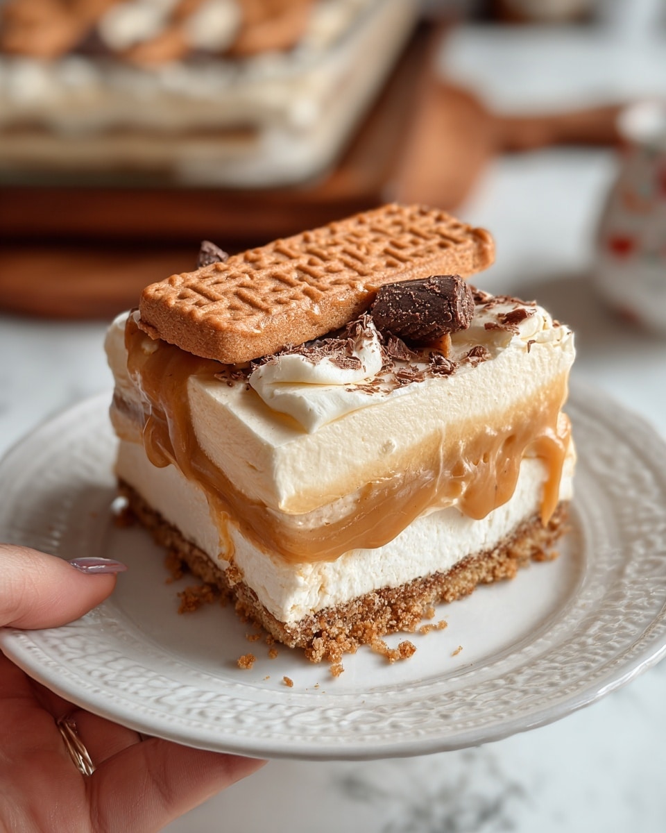 A close-up image of a layered dessert square held by a woman's hand on the left side, placed on a white plate with delicate patterns, all set on a white marbled surface. The dessert has four visible layers: a crumbly light brown crust at the bottom, a thick creamy beige layer above it, a smooth caramel band in the middle, and another thick creamy beige layer on top. The top layer is decorated with a whole rectangular biscuit with a textured pattern, some caramel drizzle, and small chocolate shavings scattered around. The background shows a blurry wooden surface and a dessert tray with the same layered dessert. Photo taken with an iphone --ar 4:5 --v 7