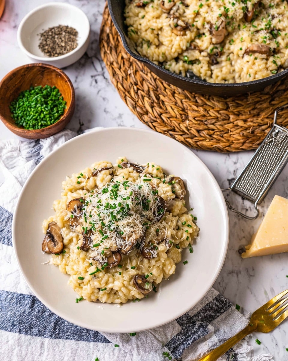 A white plate holds a single heap of creamy mushroom risotto as the main focus. The risotto shows two main layers: at the base, a soft, creamy pale yellow rice mixed evenly with small pieces of browned mushrooms, and on top, a fresh green sprinkle of chopped chives and white grated cheese covering the risotto lightly. Behind it, a black pan filled with more of the mushroom risotto rests on a round braided straw mat, showing similar textures and colors with glossy mushrooms standing out. To the side, a small brown bowl of more chopped chives sits on a white and blue striped cloth, next to a small white bowl of black pepper. A metal grater and a chunk of cheese lie near the top right corner on a white marbled surface. A gold fork is placed below the plate on the cloth. The photo is taken with an iphone --ar 4:5 --v 7