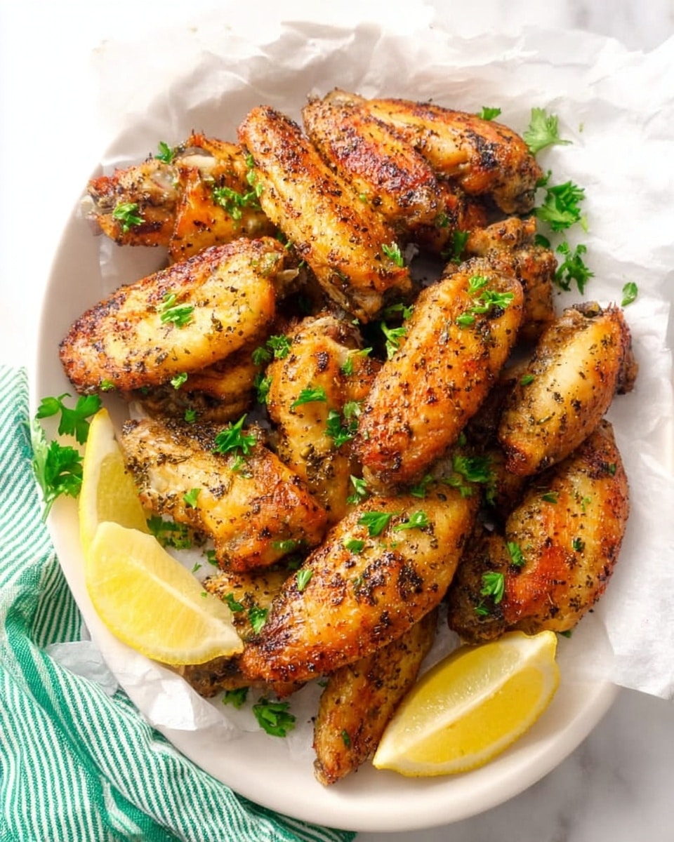 A white plate holds a pile of golden brown chicken wings, seasoned with visible black pepper and herbs, showing a crispy texture on the skin. Bright green parsley leaves are scattered on top of the wings, adding a fresh color contrast. On one edge of the plate, thin lemon slices rest gently, their pale yellow color standing out against the wings and white plate. The plate sits on a white marbled surface with a folded green and white striped cloth partially visible to the side. Photo taken with an iphone --ar 4:5 --v 7