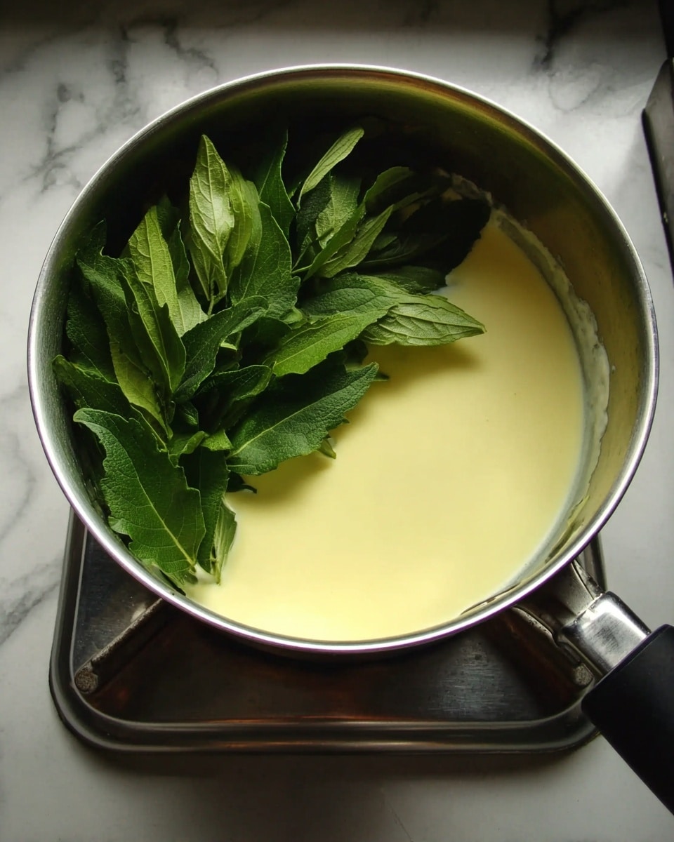 A shiny silver pot filled halfway with a smooth pale yellow creamy liquid, topped on one side with fresh green leaves arranged in a loose bunch. The leaves have a slightly rough texture and bright green color. The pot sits on a stove burner with a simple black handle extending outward. The background is a white marbled surface. photo taken with an iphone --ar 4:5 --v 7