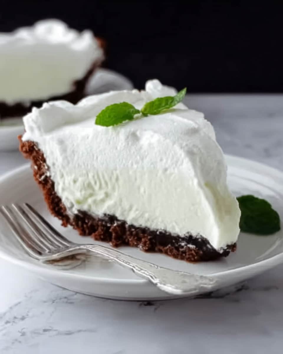 A slice of pie on a white plate sits on a white marbled surface. The pie has three layers: a dark brown crust at the bottom that looks crumbly, a thick white cream layer in the middle that is smooth, and a white whipped topping on top with soft peaks. A small green leaf garnish rests on the whipped topping. A silver fork lies next to the plate. Photo taken with an iphone --ar 4:5 --v 7