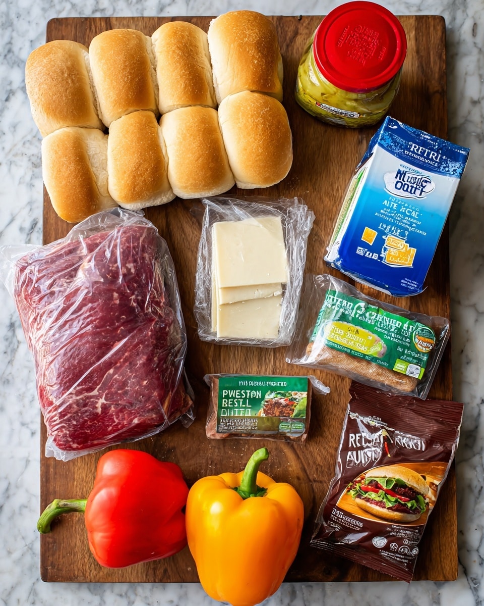 The image shows ingredients for an Italian beef sandwich meal laid out on a wooden surface replaced by a white marbled texture. On the top left, there is a pack of six plain hoagie rolls, light brown with a soft texture, next to a bright yellow-green jar of pepperoncini with a red lid positioned on the top right. Below them, on the left side, is a vacuum-sealed package containing a dark red top round roast with visible marbling and fat layers. Next to it on the right is a blue and white carton of beef broth. On the lower left, there is a clear package of pale off-white provolone cheese slices, and next to it is a small packet of Italian dressing mix in green and yellow colors. To the right is a brown packet of au jus mix with an image of a beef sandwich. At the bottom, two bell peppers, one red and one orange with a shiny surface and visible stems, sit side by side. photo taken with an iphone --ar 4:5 --v 7
