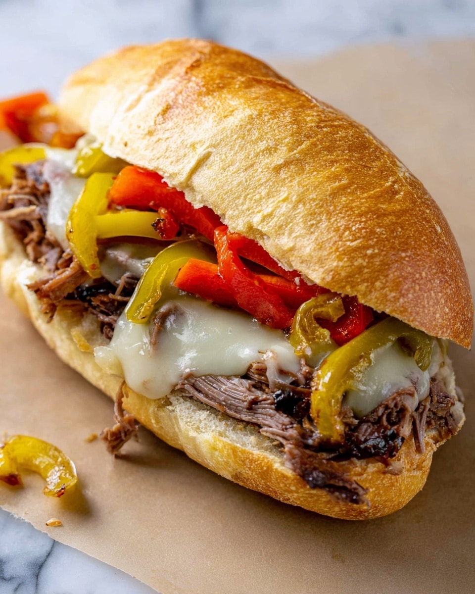 A sandwich with a soft, light brown bun on top and bottom, filled with three visible layers: shredded brown meat at the bottom, topped with melted light beige cheese, then a mix of bright yellow pepper rings and red bell pepper strips on top. The sandwich sits on a white marbled surface with some meat and cheese pieces visible near the sandwich. Photo taken with an iphone --ar 4:5 --v 7