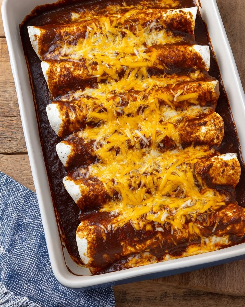 A white rectangular baking dish filled with five rolled tortillas placed side by side, each covered with a rich, dark red sauce and topped with a layer of melted yellow and light brown cheese that has a slightly stringy texture. The tortillas are partly visible, showing white edges peeking from under the sauce and cheese. The baked dish sits on a wooden surface with a folded blue and white cloth nearby. The photo taken with an iphone --ar 4:5 --v 7