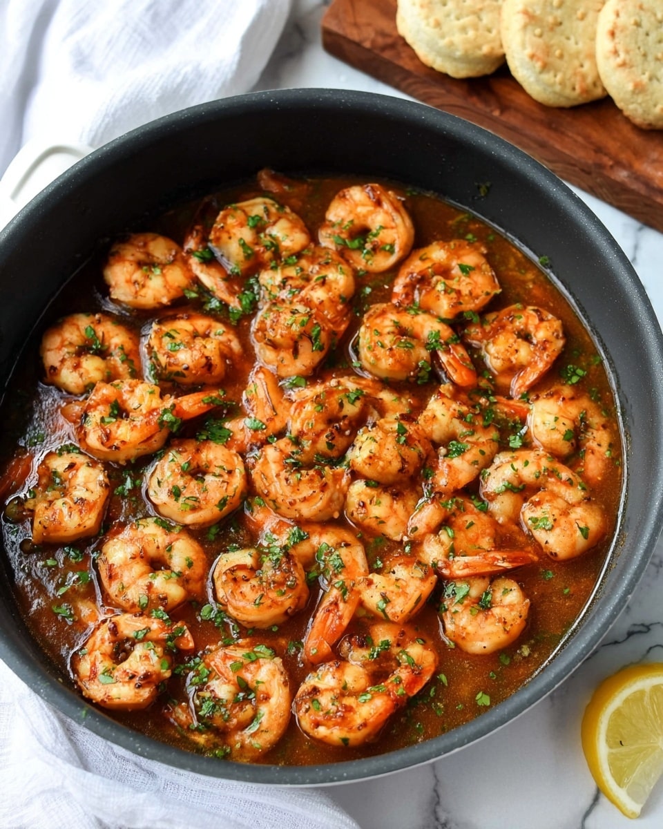 A black round pan filled with cooked shrimp in a brown sauce, garnished with small green herb pieces evenly spread on top. The shrimp are orange and pink with slight char marks, arranged closely together covering most of the sauce's surface. Around the pan, there is a white marbled surface with a white cloth and some light brown biscuits on a wooden board in the background, plus a half lemon slice on the right bottom edge. Photo taken with an iphone --ar 4:5 --v 7