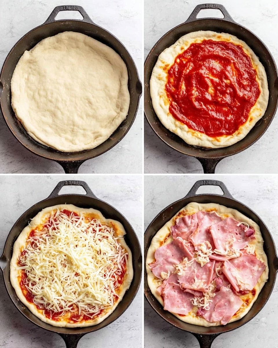 The image shows four steps of making a pizza in a cast iron pan on a white marbled surface. The first step is a round, uneven pale dough with a soft, slightly puffy texture. The second step adds a smooth, bright red tomato sauce spread evenly inside the dough edges. The third step adds a thick layer of shredded white cheese covering all the red sauce fully. The last step adds two types of pinkish meat slices arranged on top, with a light sprinkle of shredded cheese scattered over the meats. Photo taken with an iphone --ar 4:5 --v 7