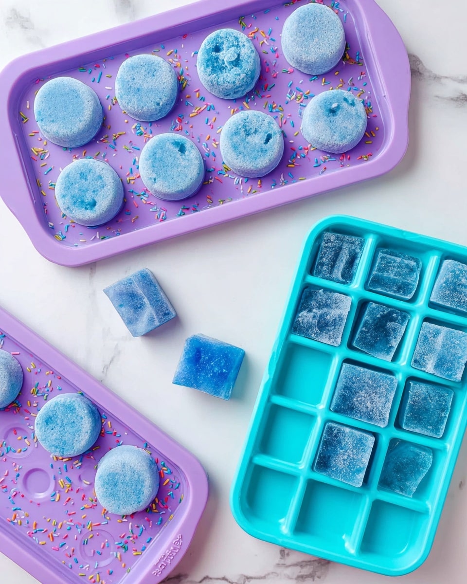 Blue Lagoon Protein Smoothie Recipe 4 The image shows three silicone trays filled with blue frozen cubes. The top tray is lavender with sprinkles design and holds ten round blue frozen cubes with a rough texture. The bottom left lavender tray, also with sprinkles design, holds six round blue frozen cubes, two of which are removed and placed next to it, showing flat and smooth sides. The turquoise tray on the right contains twelve square blue frozen cubes, some with uneven and rough surfaces. One square frozen cube is placed on the edge of the tray. All trays sit on a white marbled surface. photo taken with an iphone --ar 4:5 --v 7
