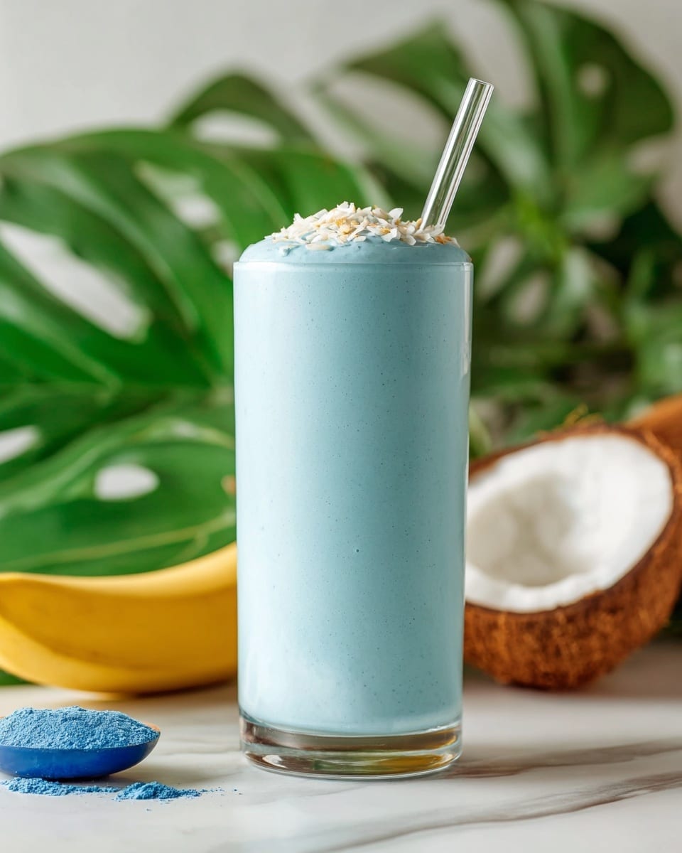 A tall clear glass filled with a smooth, light blue smoothie, topped with a small layer of white coconut flakes, with a clear glass straw placed inside the glass. The glass sits on a white marbled surface with a blue powder spoon and a yellow banana in the foreground. In the background, there are large green leaves and a halved coconut with white flesh. Photo taken with an iphone --ar 4:5 --v 7