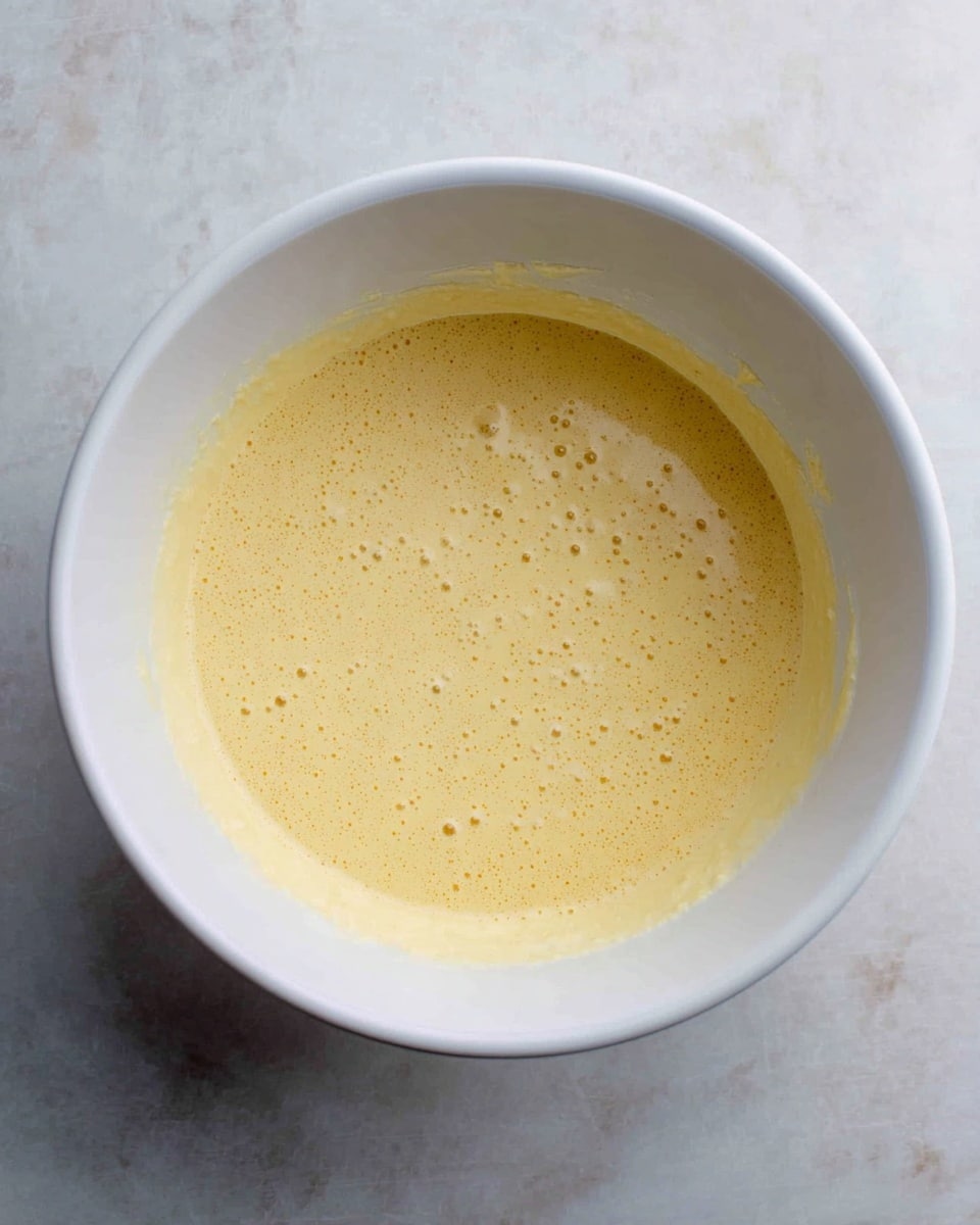 A white bowl filled with one layer of light yellow, smooth cake batter with some small bubbles on the surface. The batter sticks slightly to the inner sides of the bowl, showing a thicker texture near the edges. The bowl is placed on a white marbled surface. photo taken with an iphone --ar 4:5 --v 7