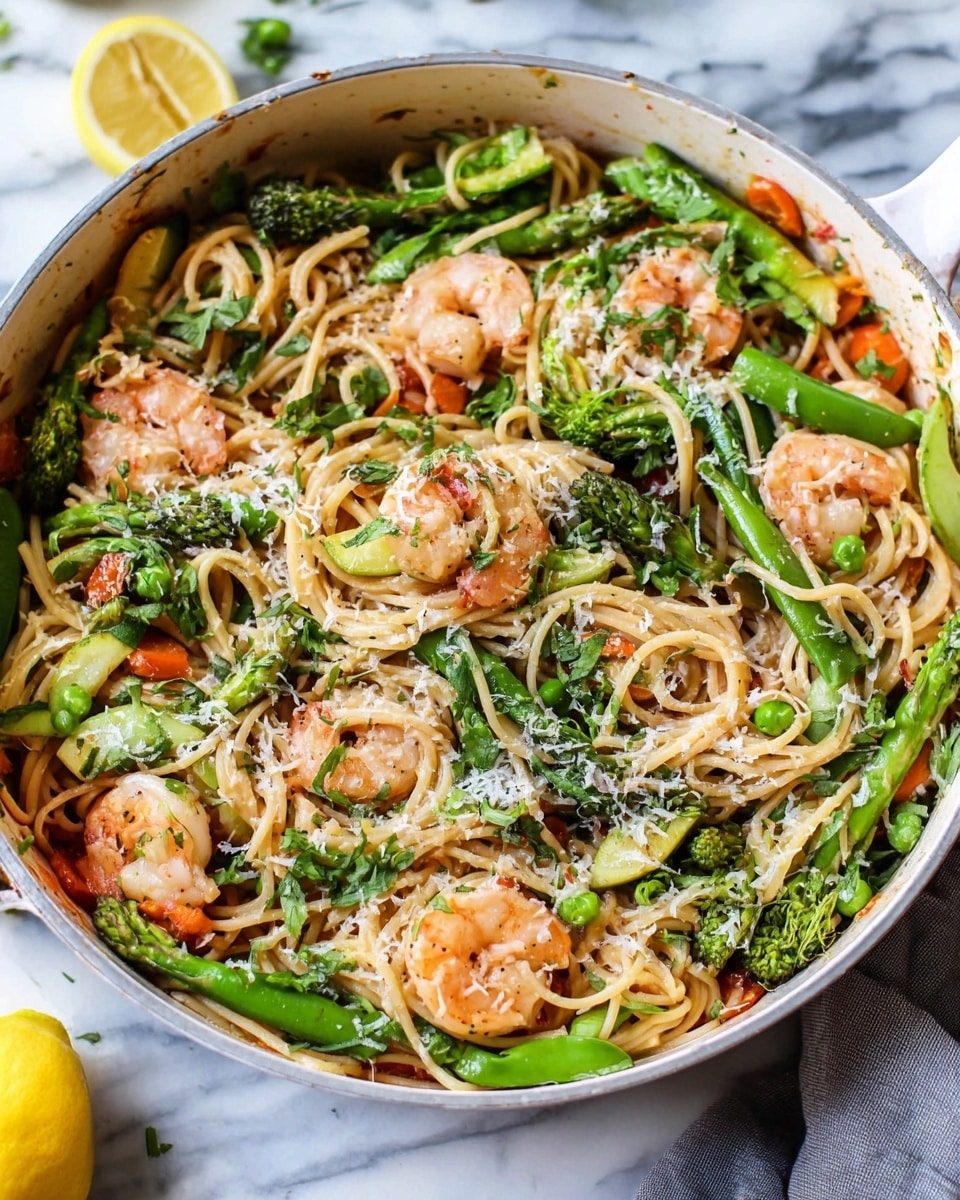 A large white pan filled with a colorful shrimp pasta dish, showing three main layers: the bottom layer has long, thin beige noodles tangled together; the middle layer is fresh green vegetables including whole snap peas, broccoli florets, and slices of zucchini and carrots; the top layer features small, pink cooked shrimp scattered evenly. The dish is sprinkled with grated white cheese and small green herb pieces, and there is a wedge of lemon placed on the side inside the pan. The pan sits on a white marbled surface. Photo taken with an iphone --ar 4:5 --v 7