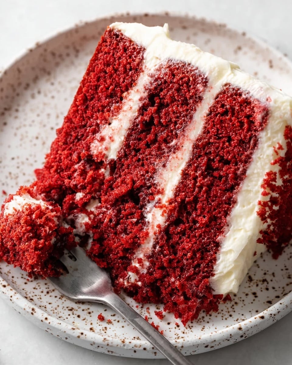 A close-up of a slice of red velvet cake with three visible layers of moist, deep red sponge separated by two layers of creamy white frosting. The cake rests on a white plate with speckled brown spots, placed on a white marbled surface. A fork on the plate holds a small piece of the red velvet cake, showing the soft texture and light crumb of the sponge alongside the smooth frosting. The overall look highlights the rich red color contrasting with the white cream. photo taken with an iphone --ar 4:5 --v 7