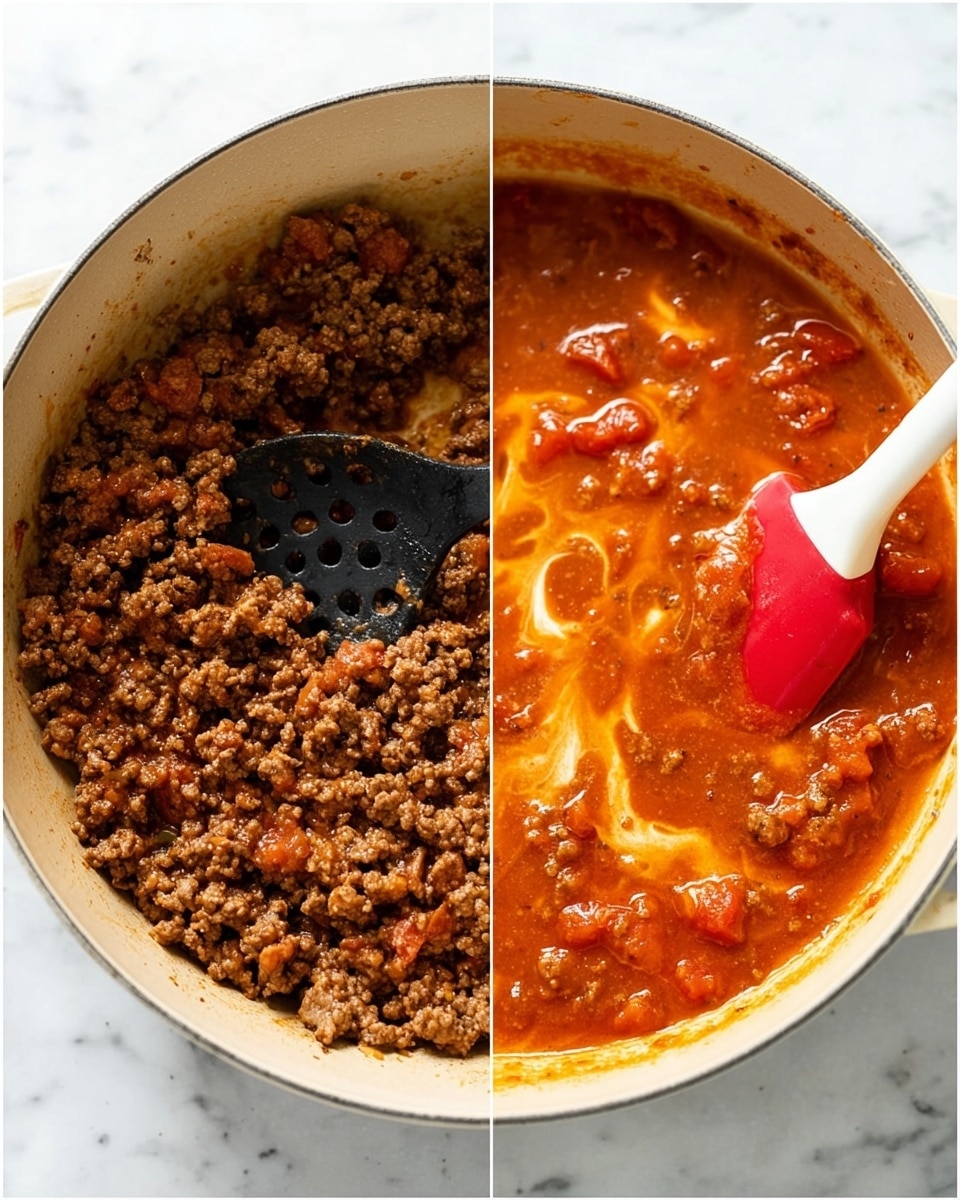The left side shows a close-up of cooked ground beef in a cream-colored pot with a black slotted spoon resting inside, the beef is brown with a crumbly texture spread evenly inside the pot. The right side shows a thick, rich tomato-based sauce in the same pot, with visible ground beef pieces and chunks of tomatoes mixed in an orange to red liquid, a white and red spatula is stirring the sauce, the surface has a creamy swirl pattern. Both images are set on a white marbled texture. photo taken with an iphone --ar 4:5 --v 7