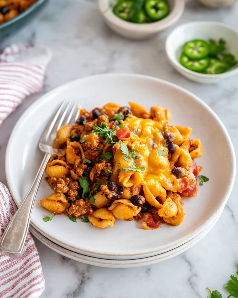 The dish is served on a white plate with a small raised edge. It features a single layer mix of pasta shells in orange-tinted sauce, cooked ground meat, black beans, diced tomatoes, and some bits of green peppers. Melted cheddar cheese covers parts of the pasta and meat mix, with fresh green chopped herbs sprinkled on top. A silver fork rests on the left side of the plate, touching the food. The plate is set on a white marbled texture, with small bowls of sliced green peppers and chopped herbs in the blurred background, along with a striped cloth at the bottom left. Photo taken with an iphone --ar 4:5 --v 7