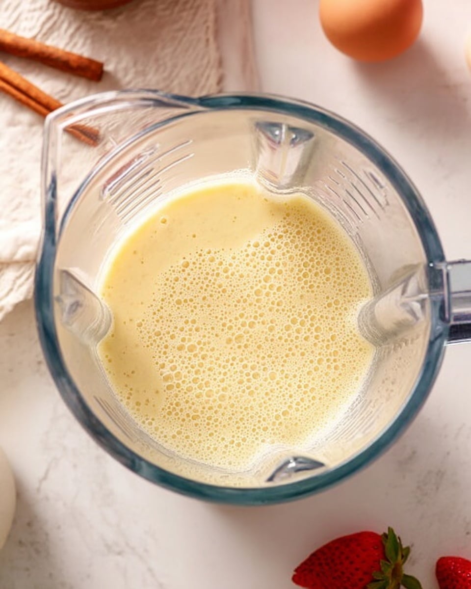 A clear blender jug filled with a light yellow, foamy liquid mixture. The mixture has many small bubbles on top, showing a smooth and creamy texture. The blender is placed on a white marbled surface with a cinnamon stick, a brown egg, and a strawberry partially visible around it. The image is bright and softly lit, showing the clear details inside the blender jug. photo taken with an iphone --ar 4:5 --v 7