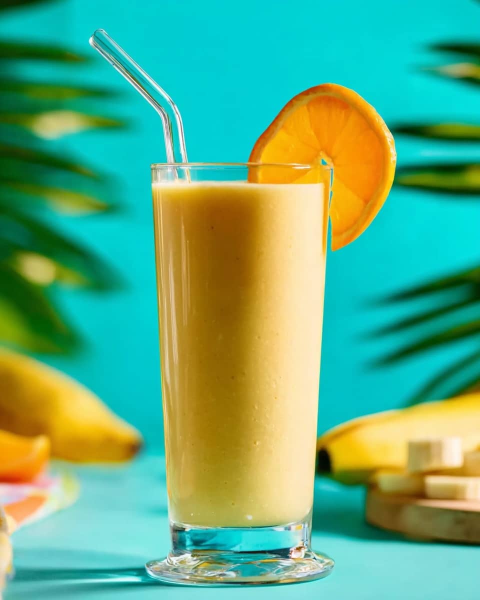 The image shows a tall clear glass filled with a smooth, light yellow smoothie. A clear glass straw stands inside the drink. On the rim of the glass, a slice of bright orange fruit is placed, adding a fresh look. The background is a solid bright turquoise color with hints of green leaves on the sides and a blurred banana and other colorful drinks nearby. The whole scene is bright and fresh with vibrant colors. Photo taken with an iphone --ar 4:5 --v 7