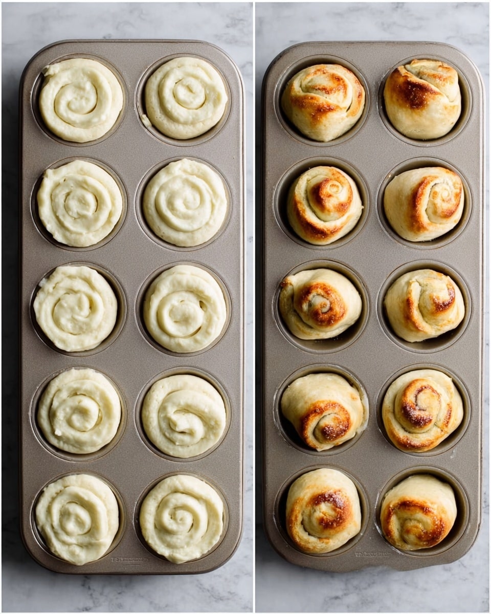 The image shows two muffin trays, each with twelve circular molds filled with dough spirals. The left tray has raw dough spirals, pale cream in color, smooth in texture with visible swirls, placed evenly in each mold on a white marbled surface. The right tray shows the same tray after baking, where the dough spirals have puffed up and turned a golden brown with slight darker spots, keeping the swirl shapes clear and rising above the rims of the molds. Photo taken with an iphone --ar 4:5 --v 7