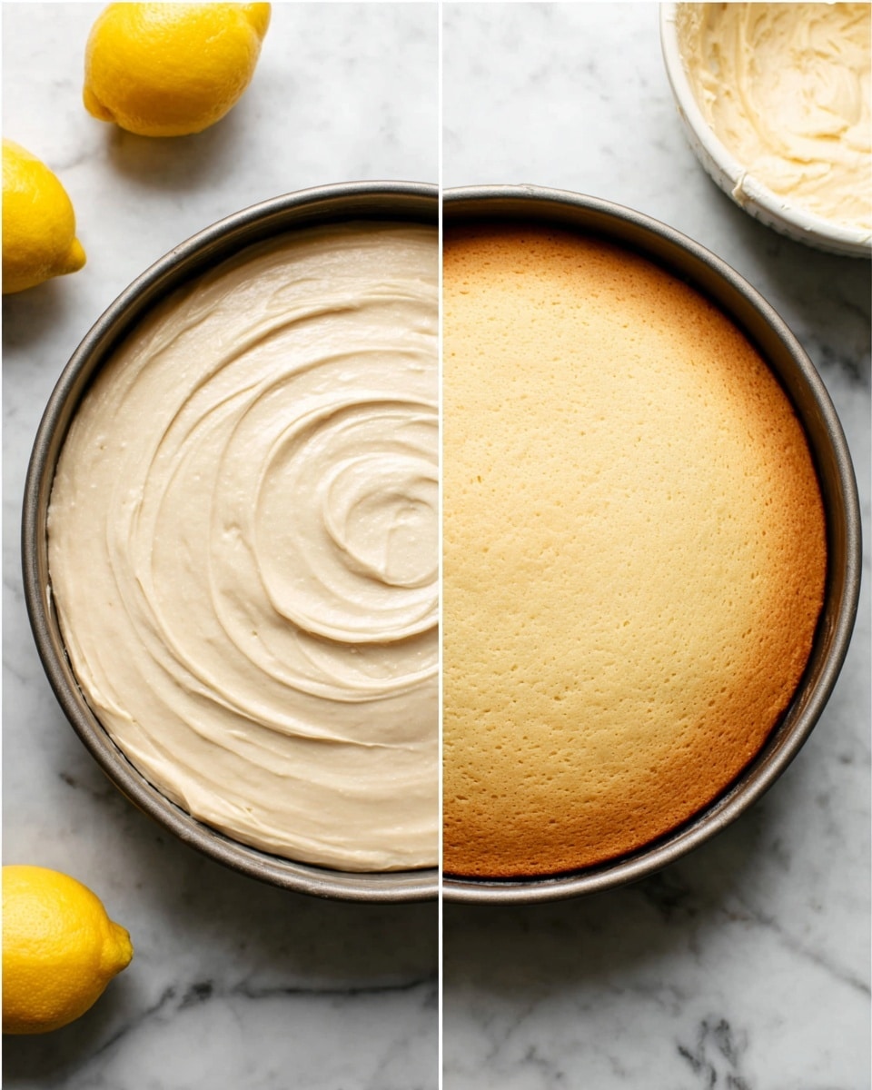Two images side by side show a baking pan with cake batter and the same pan after baking. On the left, there is a round baking pan filled with smooth, creamy, light beige cake batter with swirls on the surface. On the right, the cake is baked golden brown on top with a slightly even darker edge, and a firm but soft texture. Both pans are on a white marbled surface with two yellow lemons visible near the top left corner of the left image and part of a white bowl with batter in it. photo taken with an iphone --ar 4:5 --v 7