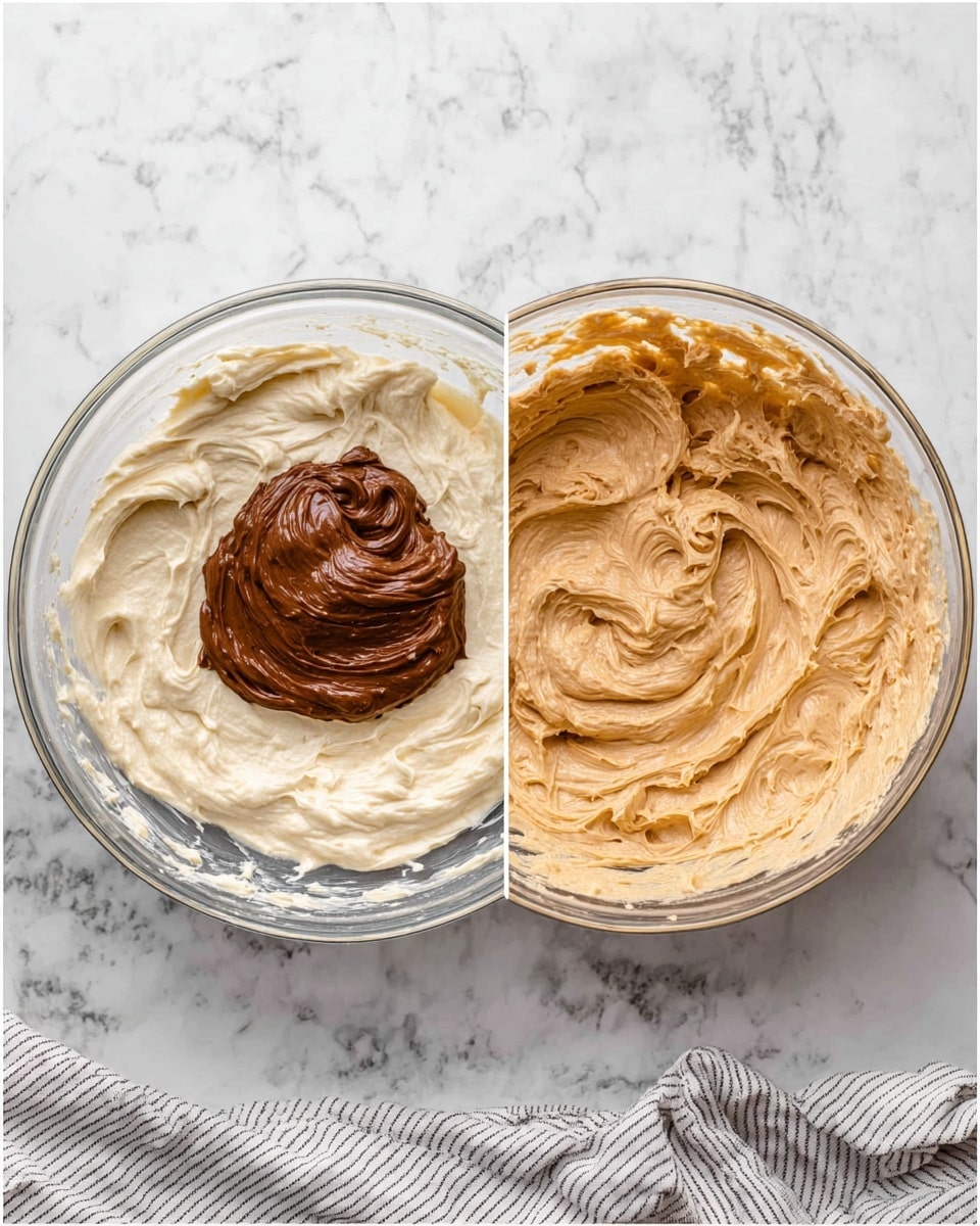 The image shows two clear glass bowls placed side by side on a white marbled surface. The left bowl contains a thick, creamy, off-white mixture with a dollop of smooth, dark brown spread sitting on top in the center. The bowl to the right shows this mixture fully mixed, now a light brown, creamy batter with visible swirls and a thick texture evenly spread inside the bowl. A white and gray striped cloth is partially visible underneath the bowls at the bottom edge. Photo taken with an iphone --ar 4:5 --v 7