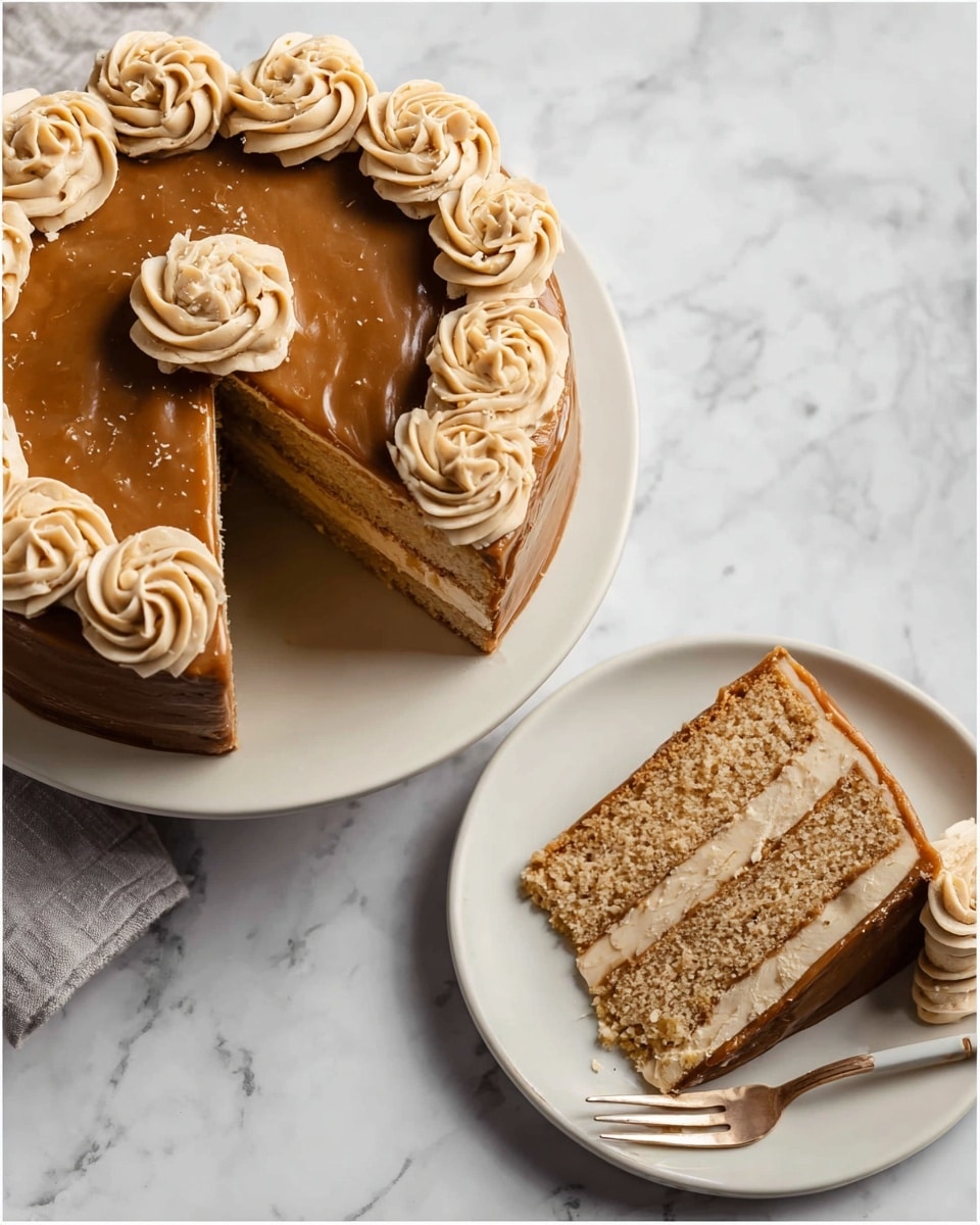 A round cake with two visible layers of light brown sponge separated by a thin layer of light beige cream. The top of the cake is covered with smooth, glossy dark caramel frosting with a slightly swirled texture. Around the edge, there are evenly spaced light beige cream swirls, adding texture and decoration. One slice is cut and placed on a white plate, showing the same two sponge layers with cream in between. The slice’s top is also covered with the dark caramel frosting and two cream swirls at the back, with a woman's hand holding a fork with a small piece of the cake on it. The setting uses a white marbled surface under the cake and plate. Photo taken with an iphone --ar 4:5 --v 7