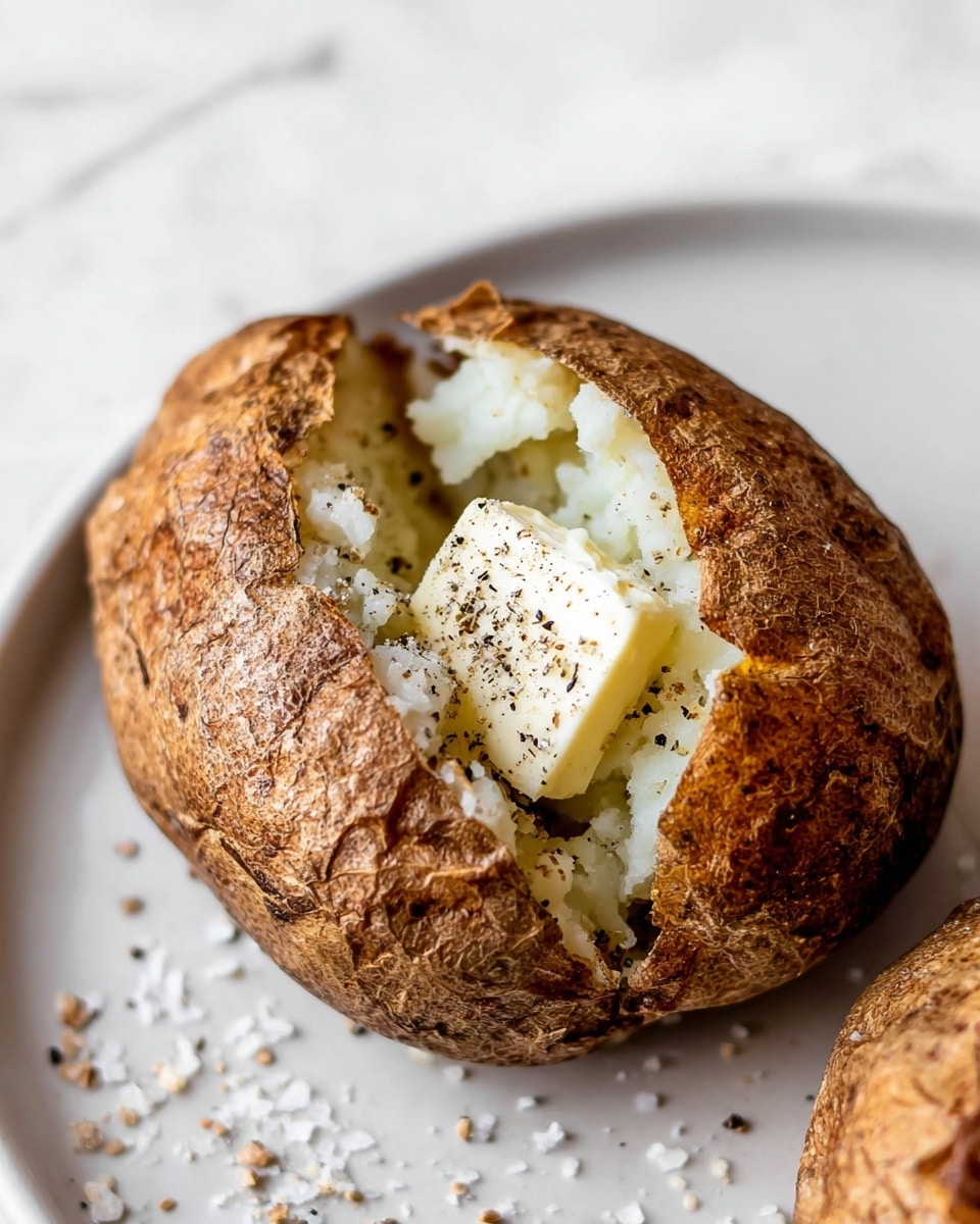 The image shows a close-up of one baked potato with a crispy, brown skin that has a rough texture and a split down the middle. Inside the split, there is a fluffy, white potato filling with a square piece of melting butter resting on top, sprinkled with black pepper. The potato is placed on a white plate with a few scattered grains of salt and black pepper. The background is a white marbled surface. Photo taken with an iphone --ar 4:5 --v 7