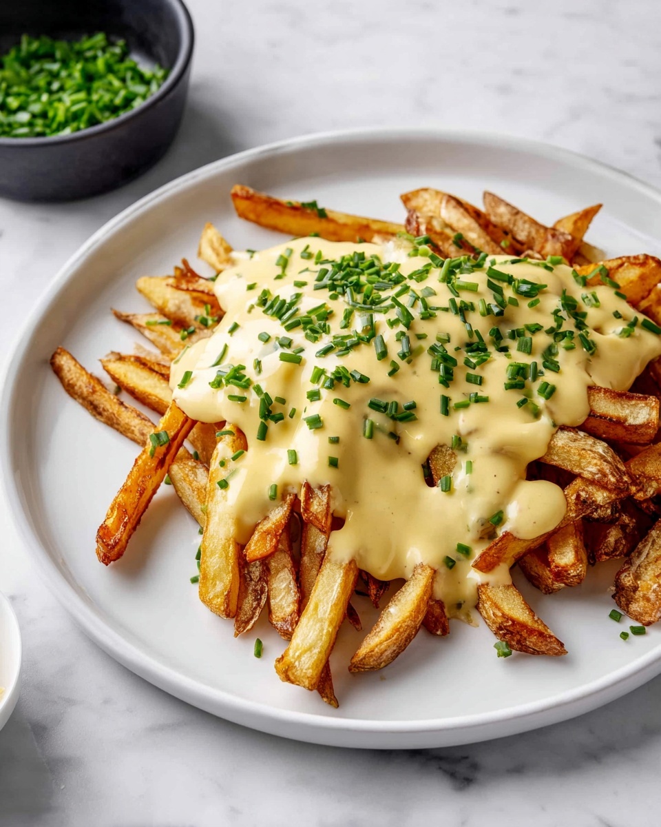A white plate holds a pile of golden-brown fries with crispy edges, forming the first layer. Over the fries, there is a thick layer of creamy pale yellow cheese sauce that spreads unevenly across the fries, dripping slightly on the sides. The top layer is small pieces of fresh green chives scattered evenly over the cheese sauce. The plate is set on a white marbled surface with part of a black bowl filled with more chopped chives visible at the top left corner of the image. The photo is taken with an iphone --ar 4:5 --v 7