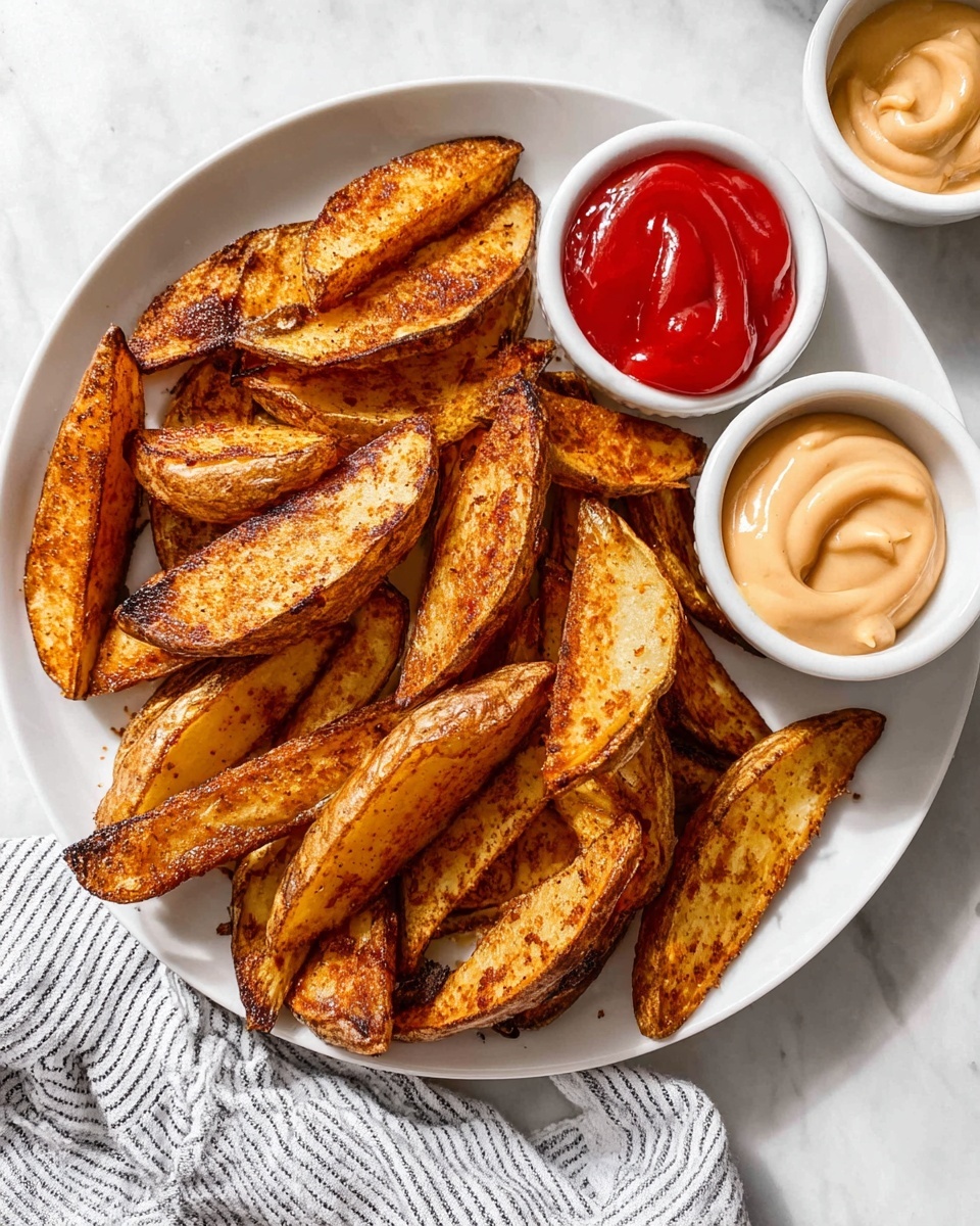 Crispy Spiced Oven-Baked Steak Fries Recipe 2 A white round plate filled with a single layer of crispy potato wedges that are golden brown with darker browned edges, showing a seasoned texture. Two small white round bowls sit on the plate, one filled with bright red ketchup and the other with light beige creamy sauce. The plate is placed on a white marbled surface, with a striped cloth napkin partially visible at the bottom right corner. The scene is lit by natural light casting soft shadows, creating a fresh and appetizing look. Photo taken with an iphone --ar 4:5 --v 7
