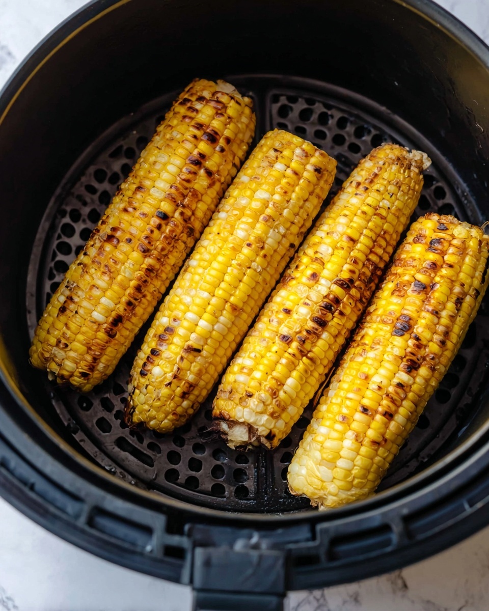 Four grilled corn ears with yellow and light yellow kernels placed side by side inside a black air fryer basket. The corn has dark brown grill marks scattered across the kernels, adding a slightly charred texture. The air fryer basket has a round perforated base and black handles. The surface underneath is a white marbled texture. photo taken with an iphone --ar 4:5 --v 7