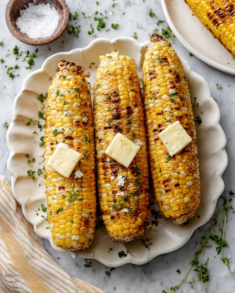 Three grilled corn cobs with yellow and white kernels are arranged side by side on a white scalloped plate. Each corn cob has a square piece of melting butter on top and is sprinkled with small bits of green herbs and black pepper. The corn shows charred brown lines from grilling. The plate sits on a white marbled surface with some scattered herbs and a beige and white striped cloth nearby. In the upper left corner, a small bowl with coarse salt is partially visible, and part of another white plate with corn is seen in the upper right. Photo taken with an iphone --ar 4:5 --v 7