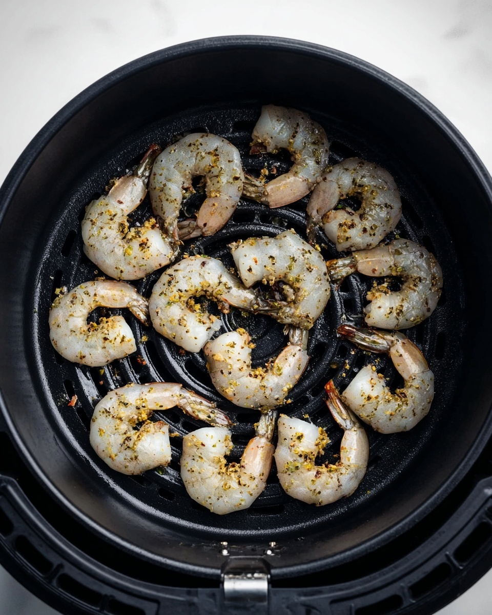 Air Fryer Shrimp Recipe 2 The image shows a black air fryer basket filled with eleven raw shrimp evenly spread inside. Each shrimp is gray with specks of seasoning that look yellowish and black. The shrimp are arranged in a roughly circular pattern, filling the basket with some space between each piece. The background is a white marbled surface. photo taken with an iphone --ar 4:5 --v 7