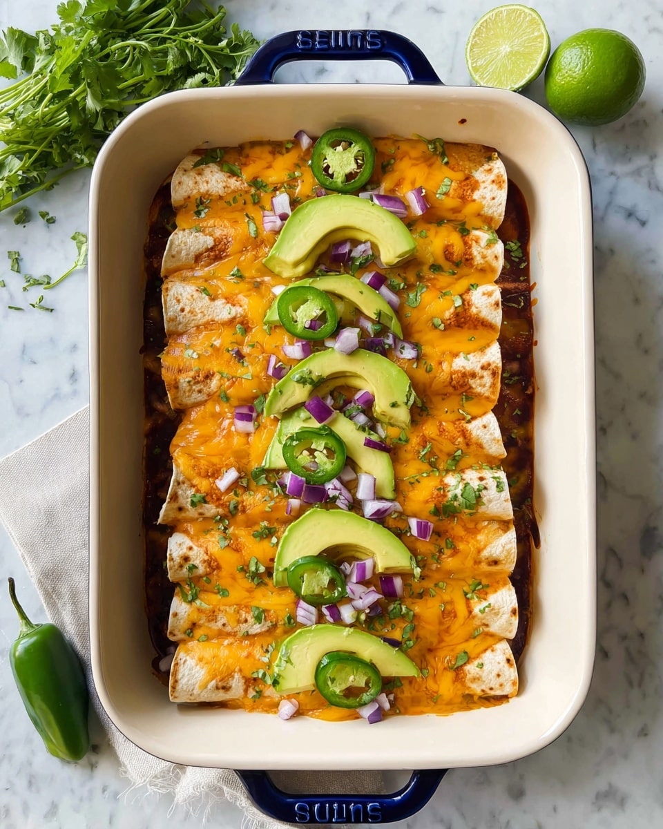 A rectangular white baking dish with a dark blue handle holds six rolled enchiladas placed side by side in two rows. Each enchilada is covered with melted orange-yellow cheese that spreads unevenly over the top. On top of the cheese are several bright green slices of avocado, thin round slices of jalapeño, small cubes of purple-red onion, and small green herb leaves scattered across the entire dish. The dish is set on a white marbled surface with a small bunch of cilantro, a whole jalapeño pepper, and a quarter of a lime placed next to it. Photo taken with an iphone --ar 4:5 --v 7