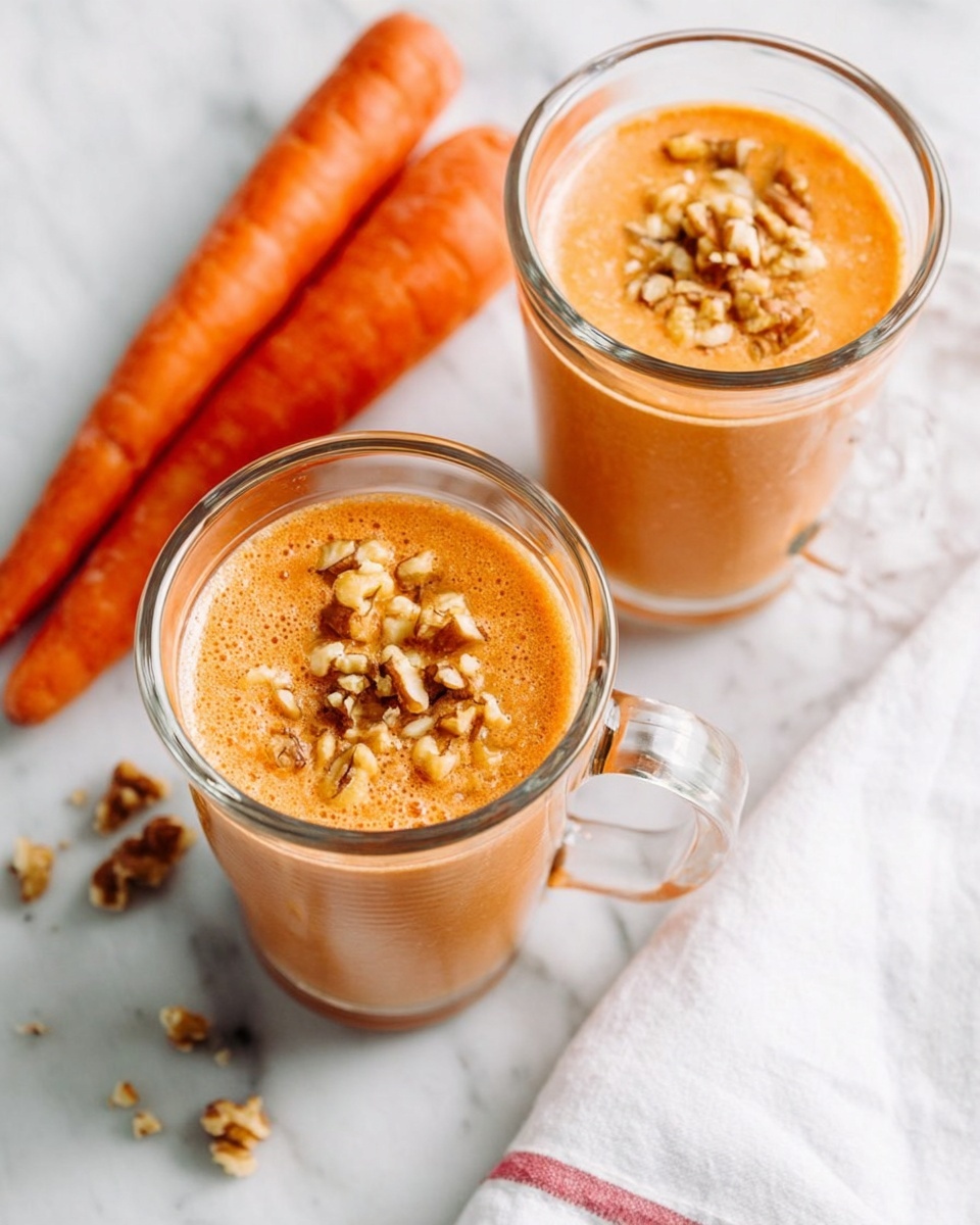 Two clear glass mugs with handles are filled with a smooth, light orange smoothie topped with small pieces of crushed walnuts, creating a textured layer on top. The mugs are placed on a white marbled surface, with a few scattered walnut pieces nearby. To the left, there are three fresh carrots with bright orange skin resting directly on the surface. A white cloth with a thin red stripe is partially visible on the right side. The scene is bright and clean, highlighting the colors and textures of the smoothie and carrots. photo taken with an iphone --ar 4:5 --v 7