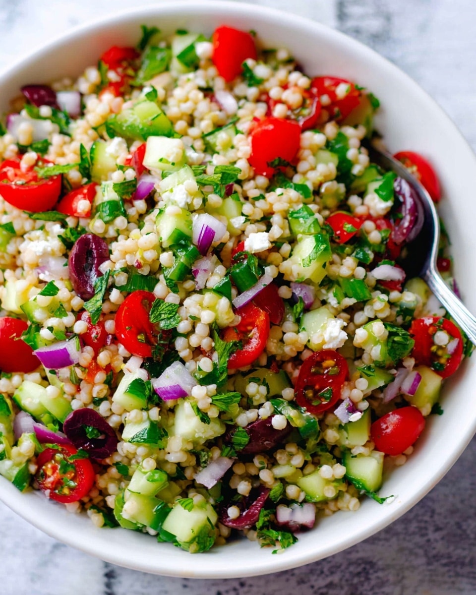 A close-up view of a colorful salad in a white bowl sitting on a white marbled surface, showing one layer of small, round grains mixed evenly with diced red cherry tomatoes, green cucumber pieces, small chunks of red onion, halved black olives, and fresh green herbs spread all around, with a metal spoon partially visible on the side. The salad looks fresh and bright with a variety of textures and colors. photo taken with an iphone --ar 4:5 --v 7