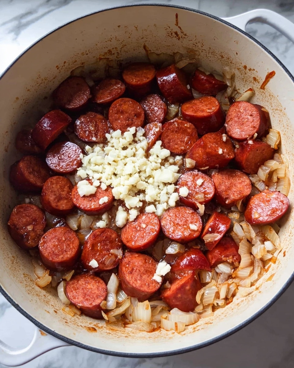 Inside a white cooking pot with some browned marks, there are several layers of food. The base layer shows small chunks of cooked onion that are light brown and shiny, spread evenly across the pot. On top of the onions are many slices of reddish-brown sausage, some overlapping each other. In the middle of the pot, there is a small pile of finely chopped white garlic resting on the sausage and onions. The inside walls of the pot have small pieces of browned onion stuck to them. The pot sits on a white marbled surface. photo taken with an iphone --ar 4:5 --v 7