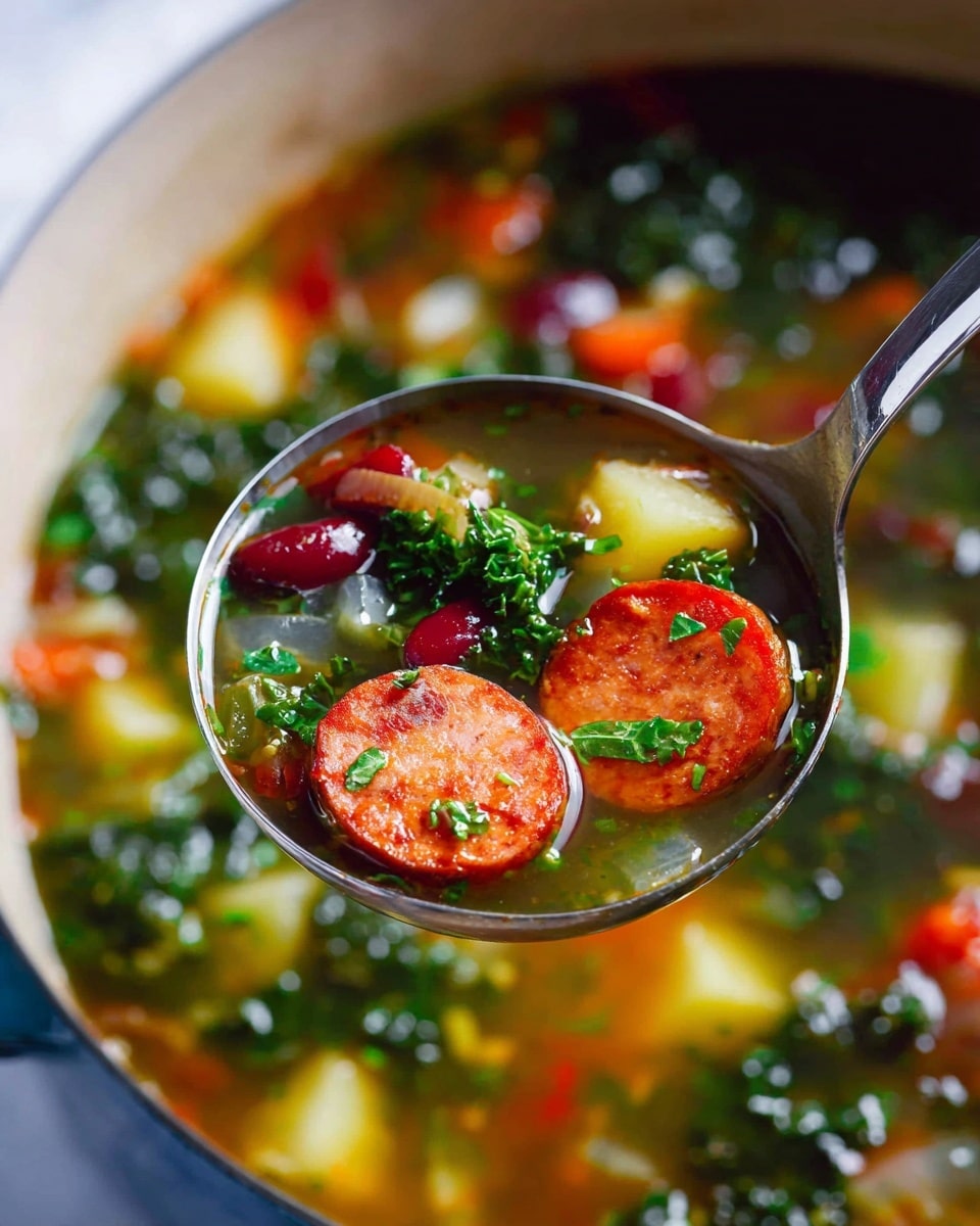 A close-up of a metal ladle filled with clear golden broth soup showing three bright orange sausage slices with a slightly crispy texture, dark green leafy kale pieces, small red kidney beans, translucent diced onions, and small yellow potato cubes. The ladle is held above a large soup pot with a blurred view of the same colorful soup ingredients and broth inside. The background is a white marbled surface. photo taken with an iphone --ar 4:5 --v 7