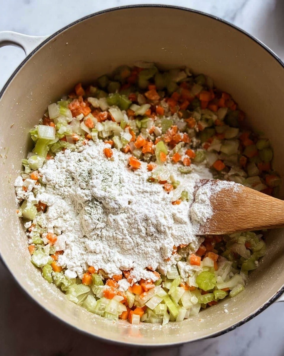 Inside a large cream-colored pot, there is a mix of small diced vegetables, mainly light green celery, orange carrots, and pale onion pieces, spread around as the first layer. On top of some of the vegetables, there is a scattered layer of white powdery flour being stirred with a wooden spoon positioned on the right side, partially covered in some flour and vegetable bits. The textures show the softness of the cooked vegetables mixed with the dry, powdery flour in the central area. The background is a white marbled surface surrounding the pot. photo taken with an iphone --ar 4:5 --v 7