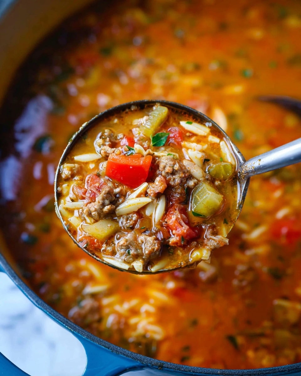 A large metal ladle filled with a thick, orange-brown stew lifted over a blue pot shows a close-up of various ingredients. The stew has chunks of red bell pepper, green celery, browned ground meat, white onion pieces, and small pasta like orzo, all mixed in a slightly oily, herb-speckled broth. The background is blurred, focusing on the ladle's contents with visible fresh herbs and textures of soft cooked vegetables and meat. The image is set against a white marbled surface photo taken with an iphone --ar 4:5 --v 7