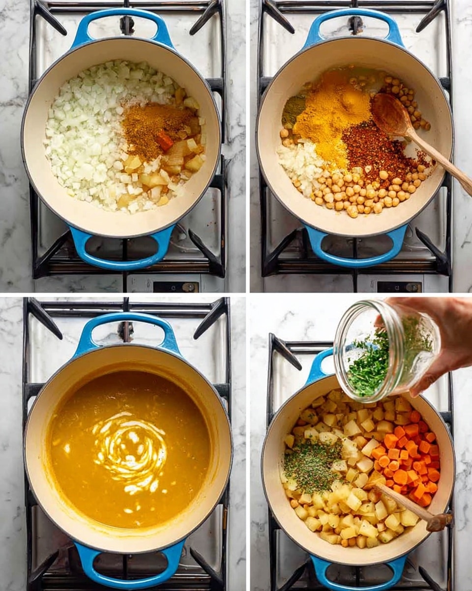The image shows six steps of a cooking process in a white pot with blue handles, placed on a stove with a white marbled countertop. The first step depicts a layer of chopped white onions in the pot. The second shows the onions mixed with yellow turmeric powder, brown spices, and red chili flakes. The third step contains added layers of chickpeas, diced potatoes, and chopped carrots, stirred with a wooden spoon. The fourth shows the pot filled with a yellow-orange liquid soup with a swirl of cream added on one side. The fifth shows the mixture being blended with an immersion blender, creating a smoother texture. The last step has chopped green herbs added on top of the blended soup while a woman's hand holds a glass jar pouring liquid around the herbs. Photo taken with an iphone --ar 4:5 --v 7