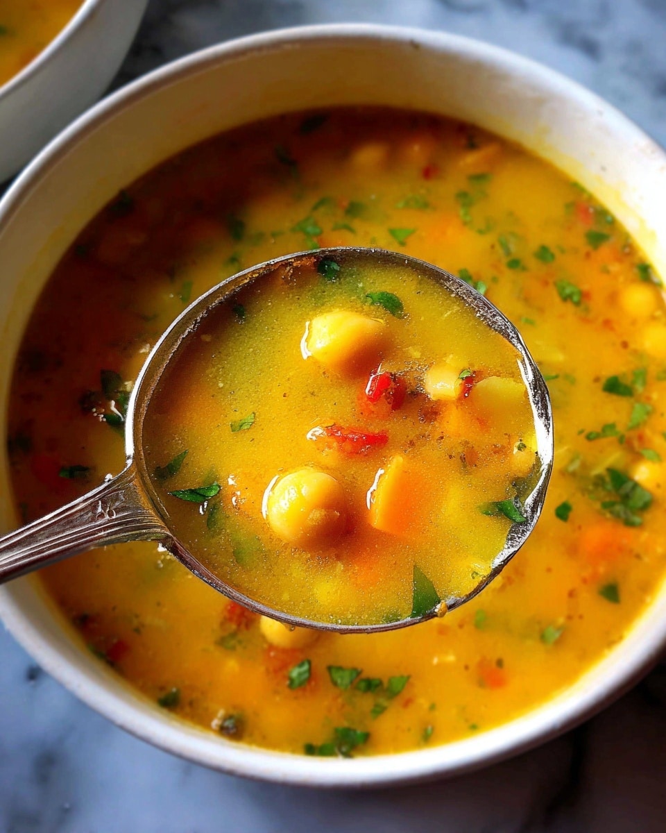 A silver ladle holds a warm soup full of yellow and orange pieces, small red bits, green herbs, and plump chickpeas in a thick golden-yellow broth with a slightly oily shine. The soup in the white bowl beneath shows scattered green herbs in the smooth broth. The background is a white marbled texture. Photo taken with an iphone --ar 4:5 --v 7