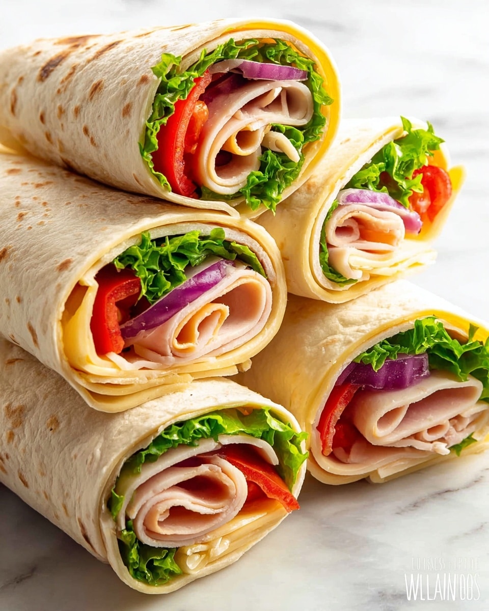 There are four rolled wraps stacked closely together on a white marbled surface. Each wrap has a light beige, soft, slightly textured tortilla outer layer. Inside, you can see thin folded slices of light brown cooked turkey, pale yellow slices of cheese, bright green leafy lettuce, red tomato slices, and thin rings of purple onion. The fillings create a colorful mix of fresh textures that peek out of the open ends of the wraps. The photo taken with an iphone --ar 4:5 --v 7